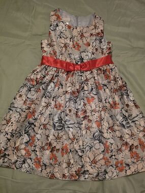 Bonnie Jean Cream Floral Dress with Coral Satin Sash